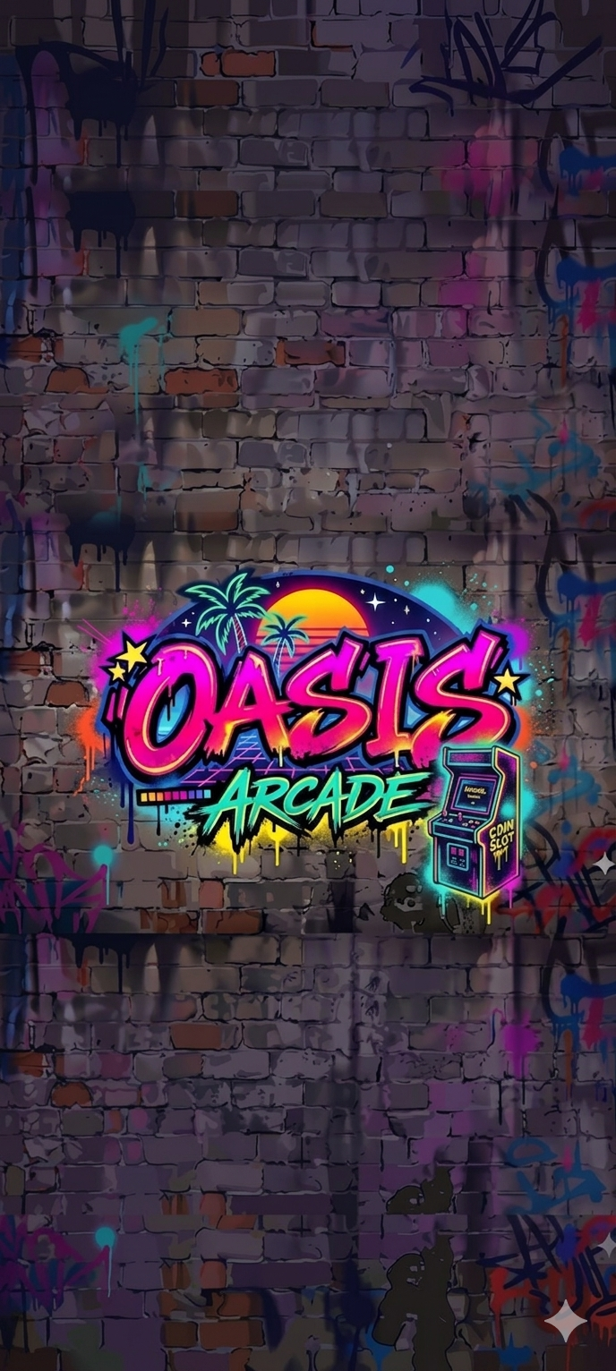 Oasis Arcade — graffiti logo mounted on a brick wall