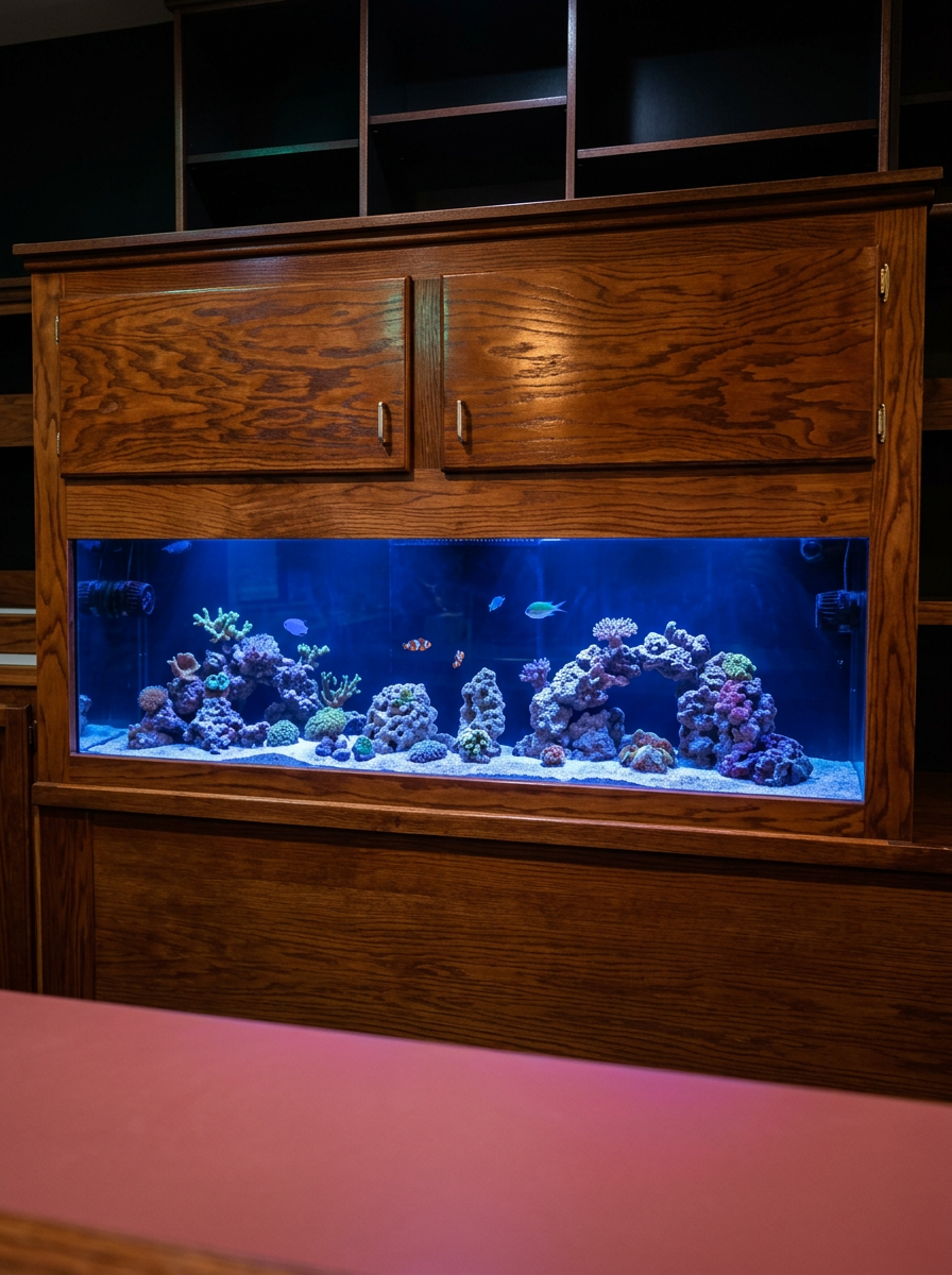 6-foot reef aquarium behind the bar